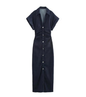 Vestido Jeans Midi Slim com Lapela - Look Seoul Denim Chic