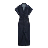 Vestido Jeans Midi Slim com Lapela - Look Seoul Denim Chic