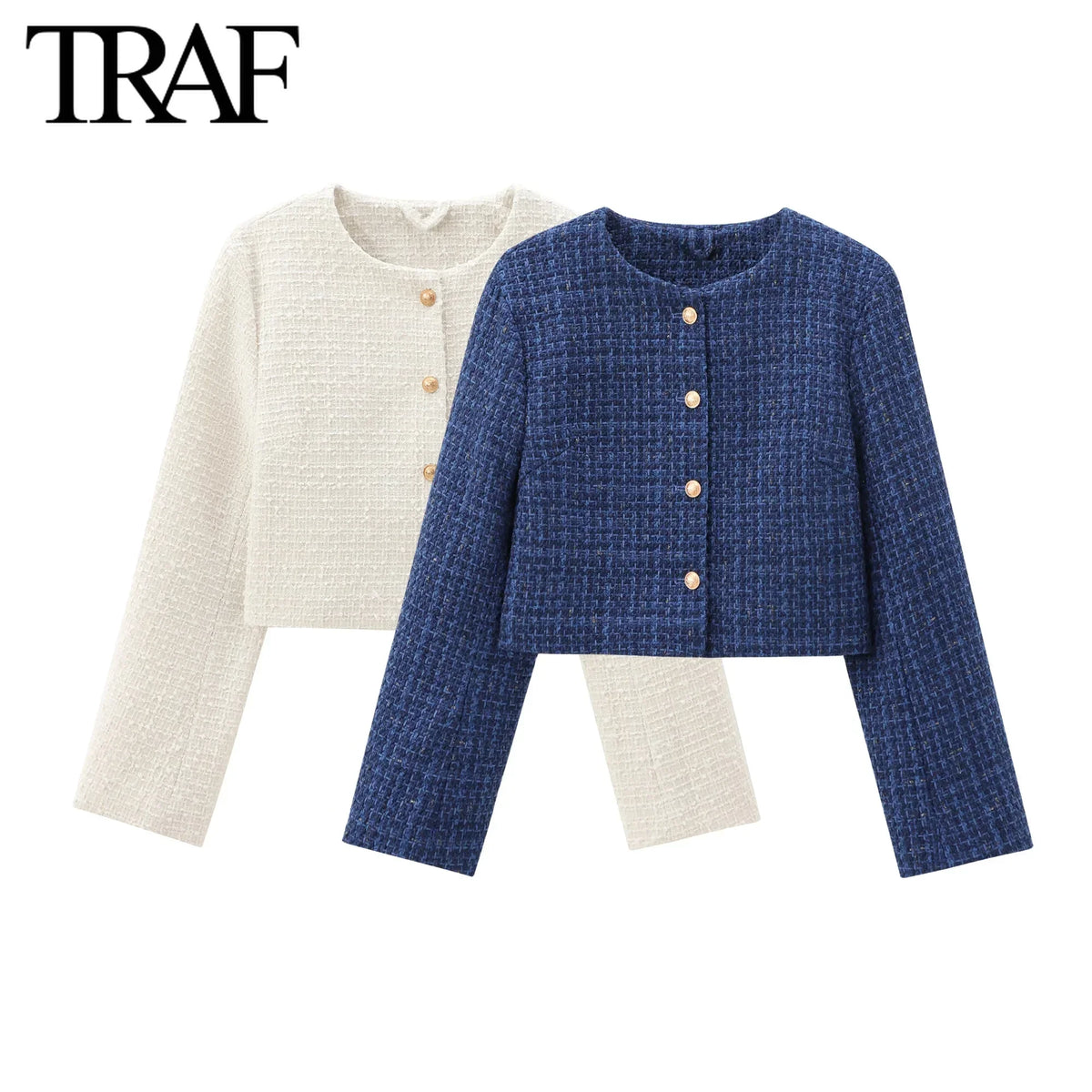 TRAF Women Fashion Autumn New Casual Jacket Round Neck Long Sleeved Single-breasted Pocket Short Coats Chic Ladies Tops Mujer