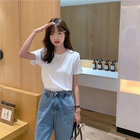 Camiseta feminina de manga curta de algodão, gola redonda