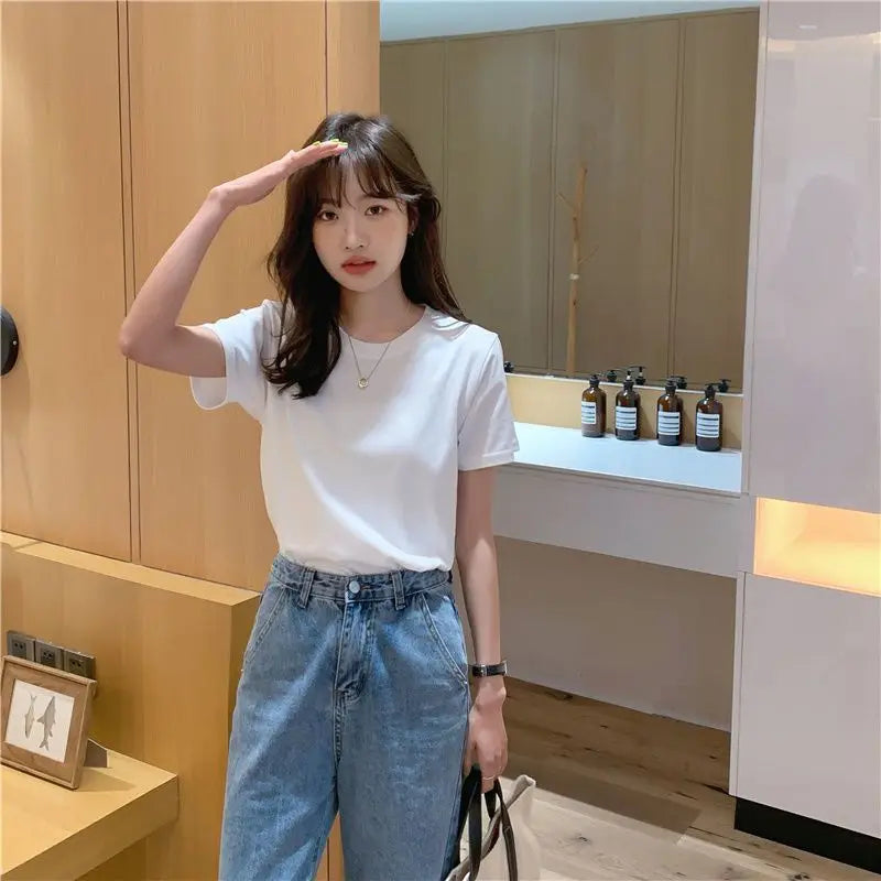 Camiseta feminina de manga curta de algodão, gola redonda