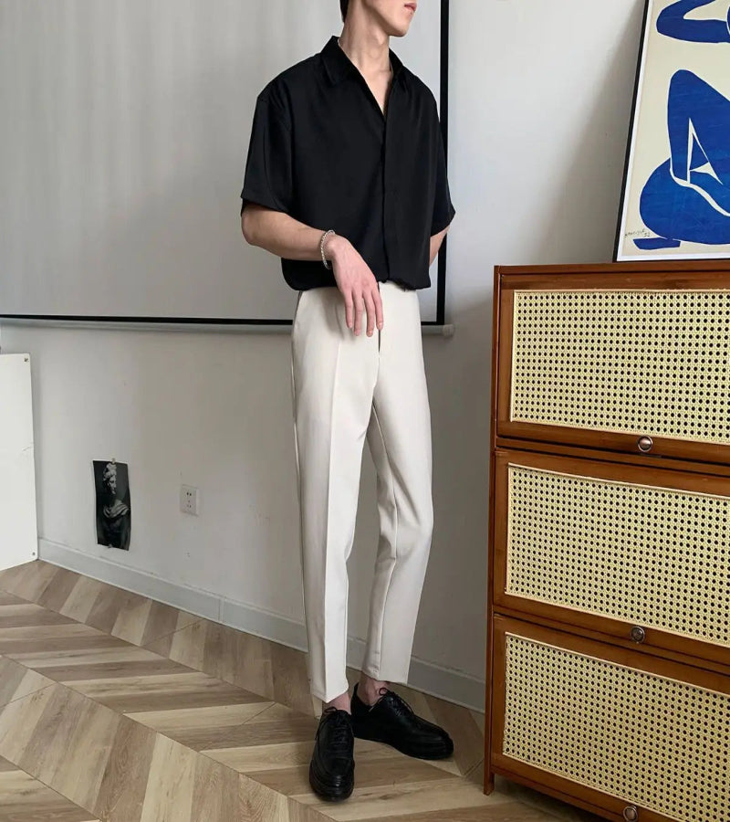 Camisa Masculina Lisa Solta com Gola – Estilo Coreano Casual