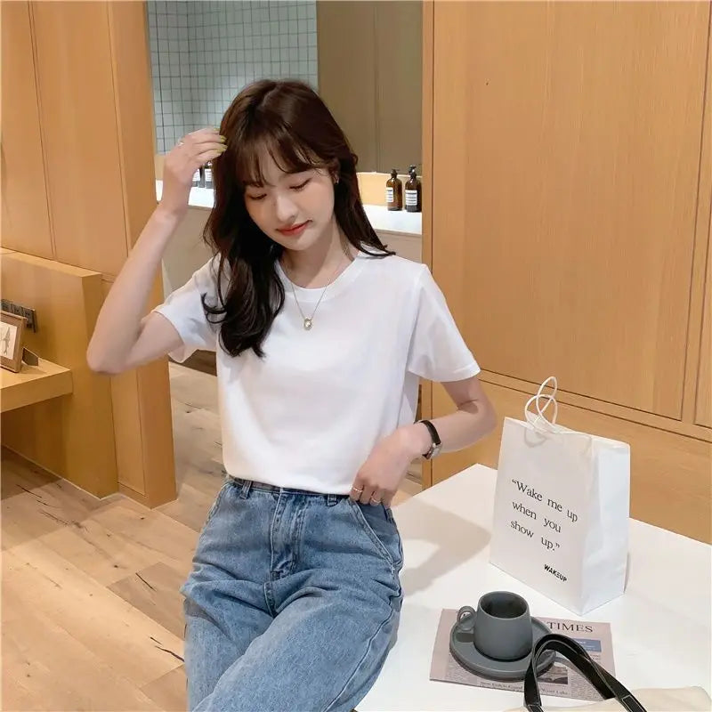 Camiseta feminina de manga curta de algodão, gola redonda