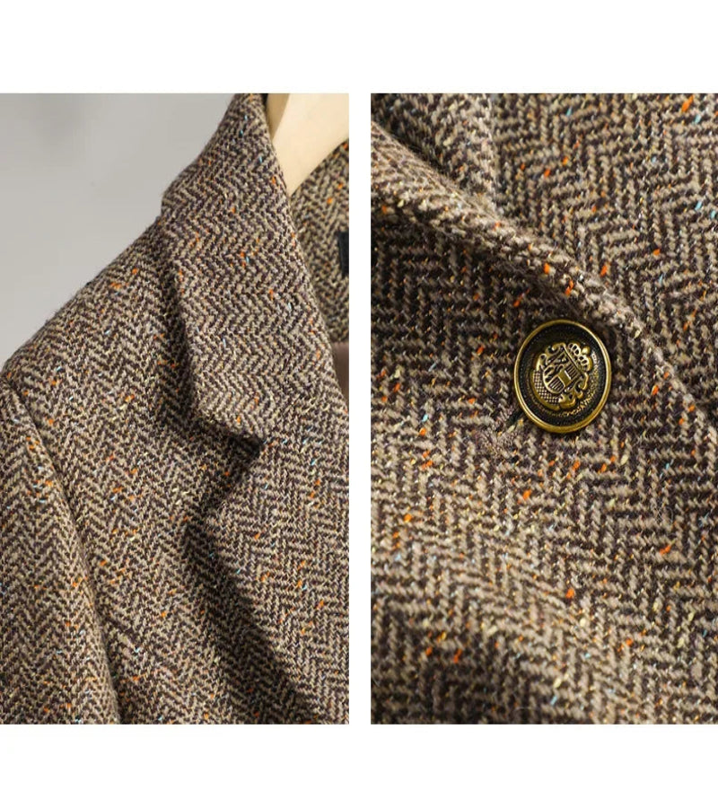 Terno de Lã Feminino Xadrez Tweed – Estilo Casual Coreano