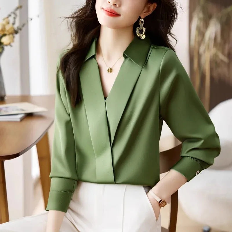 Camisa feminina versátil de cetim de seda, cor pura, top de chiffon aberto