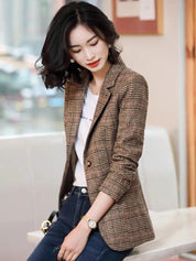 Blazer Feminino Xadrez – Look Seoul Autumn