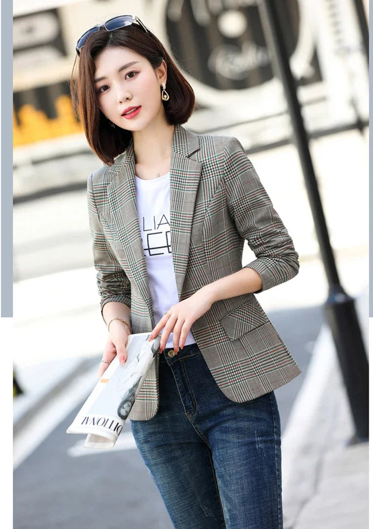 Blazer feminino cinza listrado xadrez slim fashion