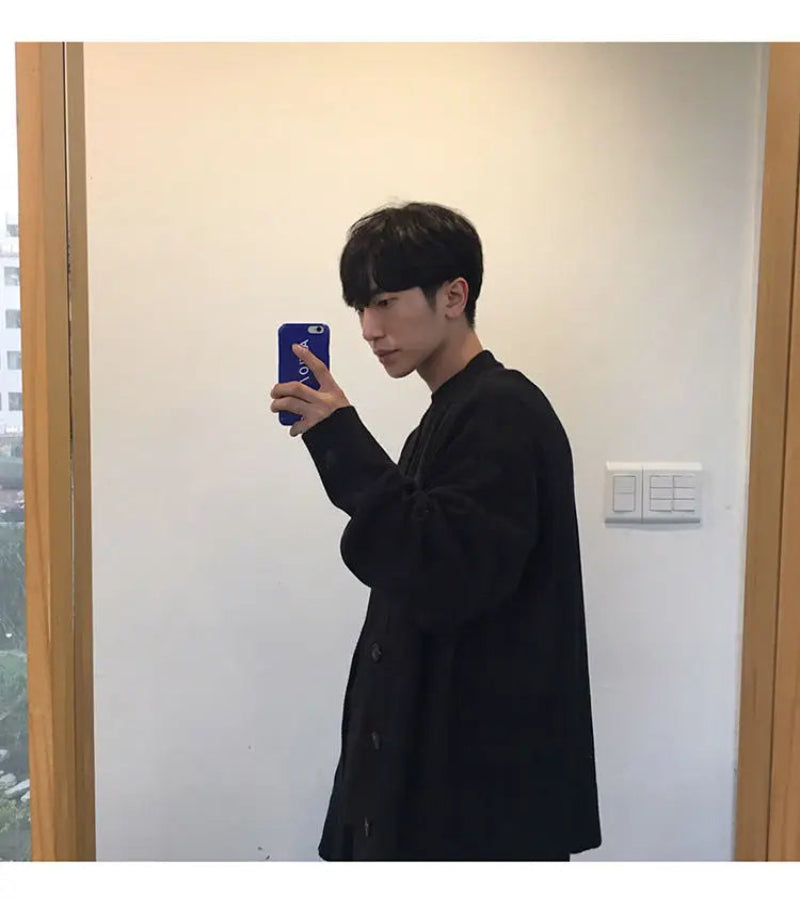 Suéter de Malha Solto com Abotoamento Simples - Estilo Coreano