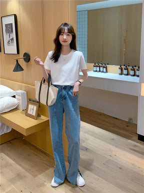 Camiseta feminina de manga curta de algodão, gola redonda