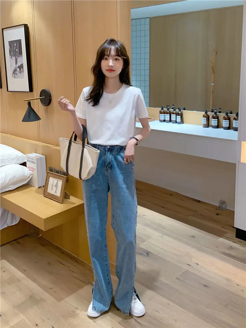 Camiseta feminina de manga curta de algodão, gola redonda