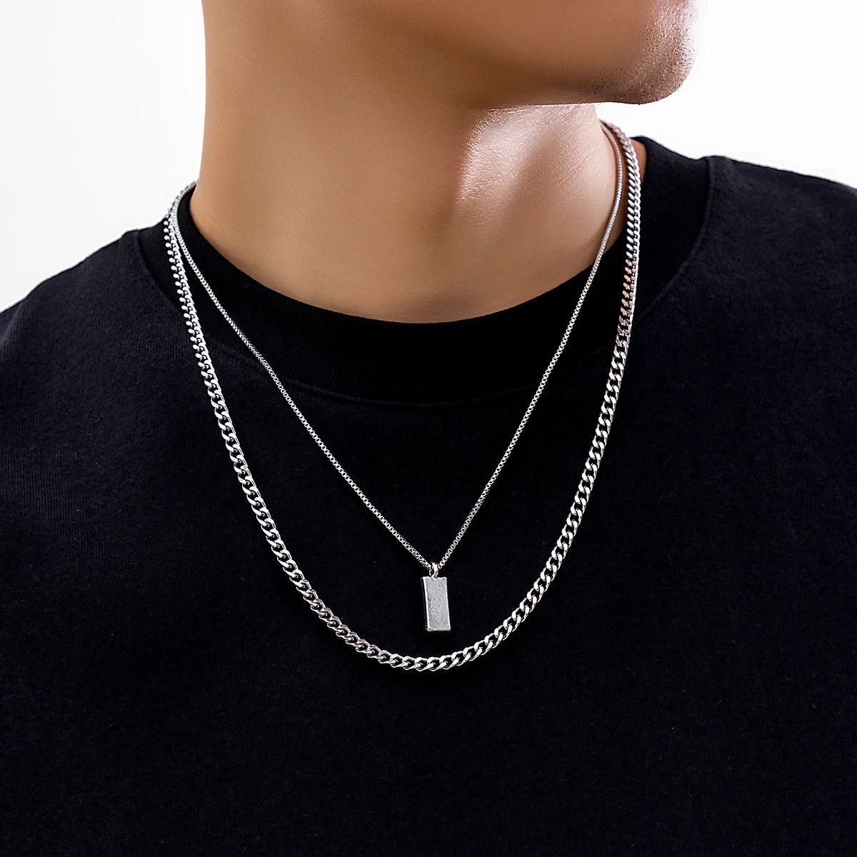 Conjunto de pingente retangular caixa corrente colar para homens