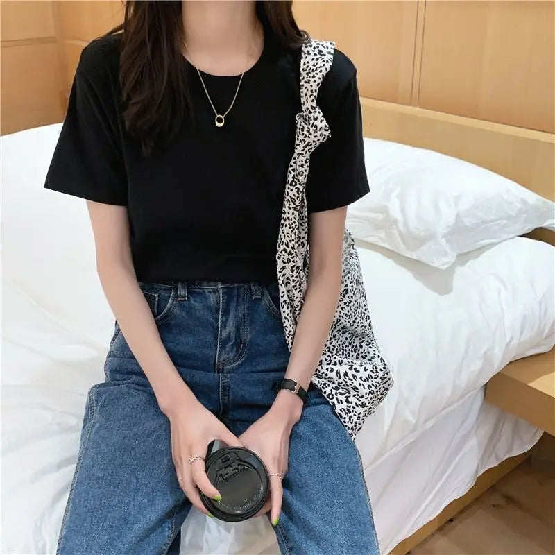 Camiseta feminina de manga curta de algodão, gola redonda