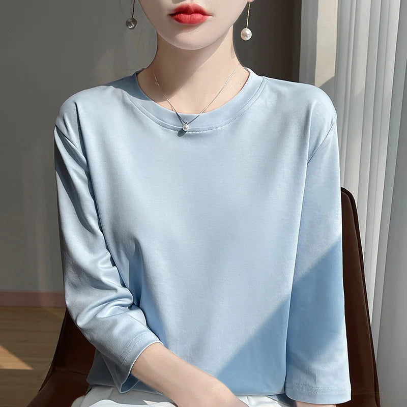 Blusa Básica em Algodão Mercerizado com Manga Cropped  "Primavera de Seul"