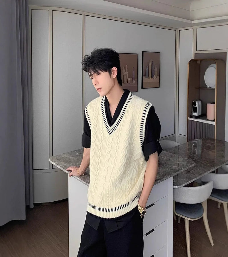 Colete Suéter Masculino Casual Decote em V – Estilo Coreano Clássico