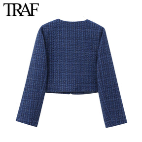 TRAF Women Fashion Autumn New Casual Jacket Round Neck Long Sleeved Single-breasted Pocket Short Coats Chic Ladies Tops Mujer