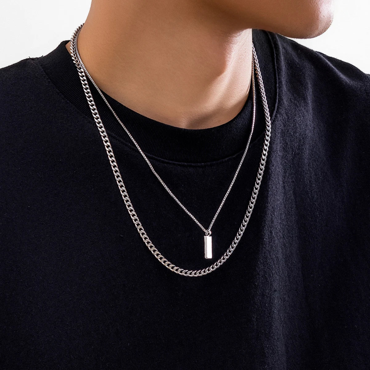 Conjunto de pingente retangular caixa corrente colar para homens