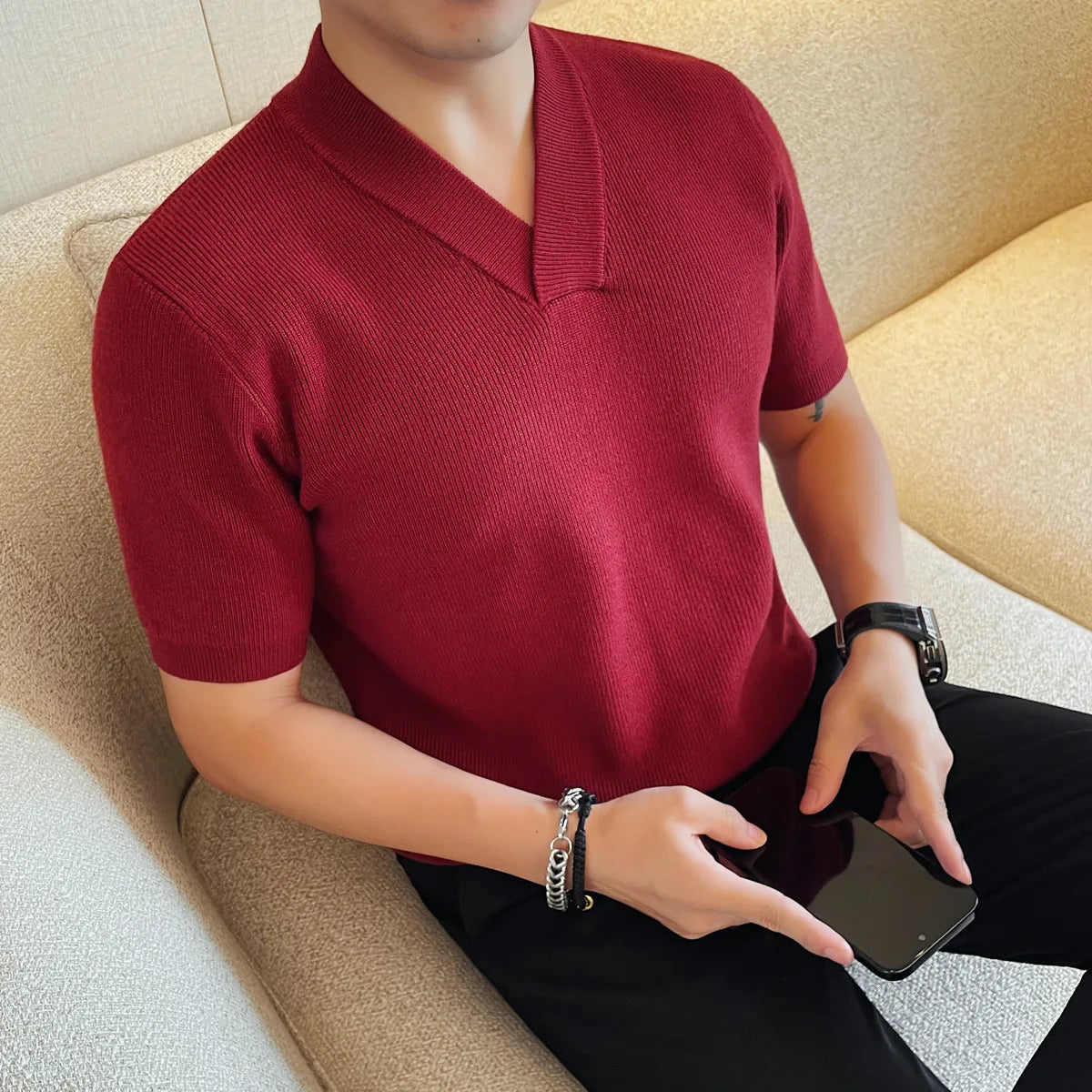 Suéter Masculino Grosso com Decote em V, Manga Curta, Cor Sólida, Tricô Casual Slim Fit, Versátil, 4XL - Coleção 2026