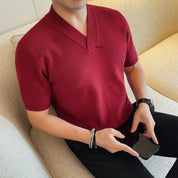 Suéter Masculino Grosso com Decote em V, Manga Curta, Cor Sólida, Tricô Casual Slim Fit, Versátil, 4XL - Coleção 2026