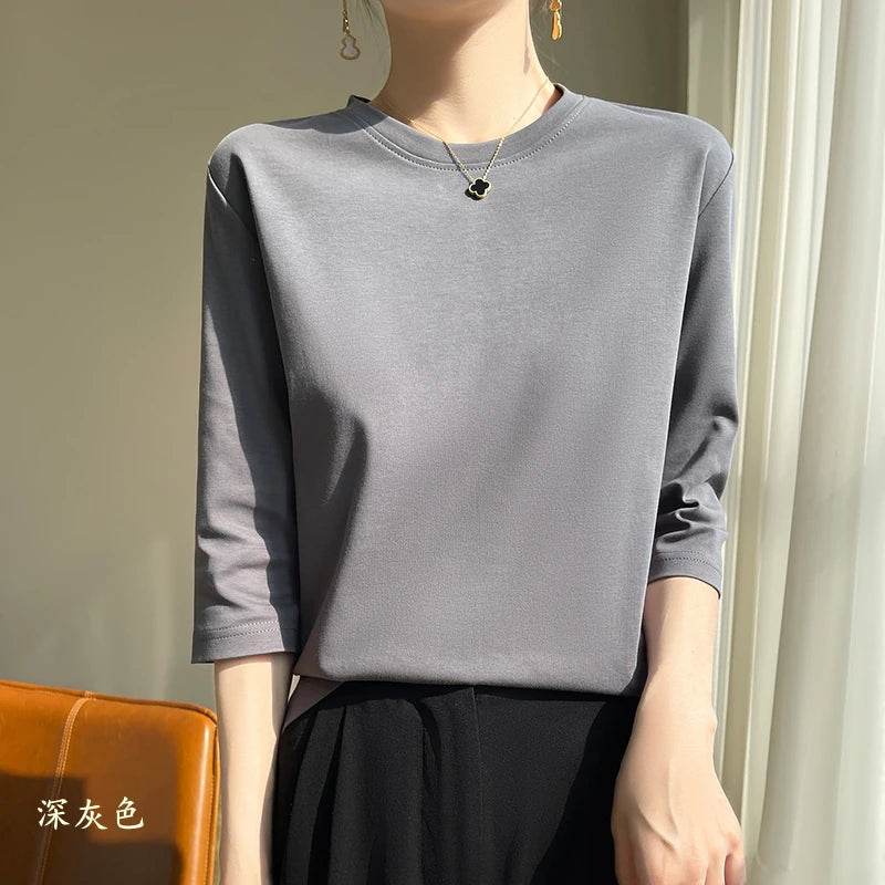 Blusa Básica em Algodão Mercerizado com Manga Cropped  "Primavera de Seul"