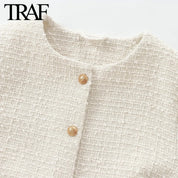 TRAF Women Fashion Autumn New Casual Jacket Round Neck Long Sleeved Single-breasted Pocket Short Coats Chic Ladies Tops Mujer