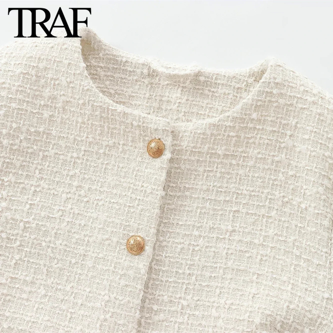 TRAF Women Fashion Autumn New Casual Jacket Round Neck Long Sleeved Single-breasted Pocket Short Coats Chic Ladies Tops Mujer
