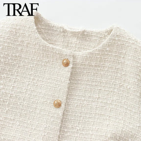 TRAF Women Fashion Autumn New Casual Jacket Round Neck Long Sleeved Single-breasted Pocket Short Coats Chic Ladies Tops Mujer