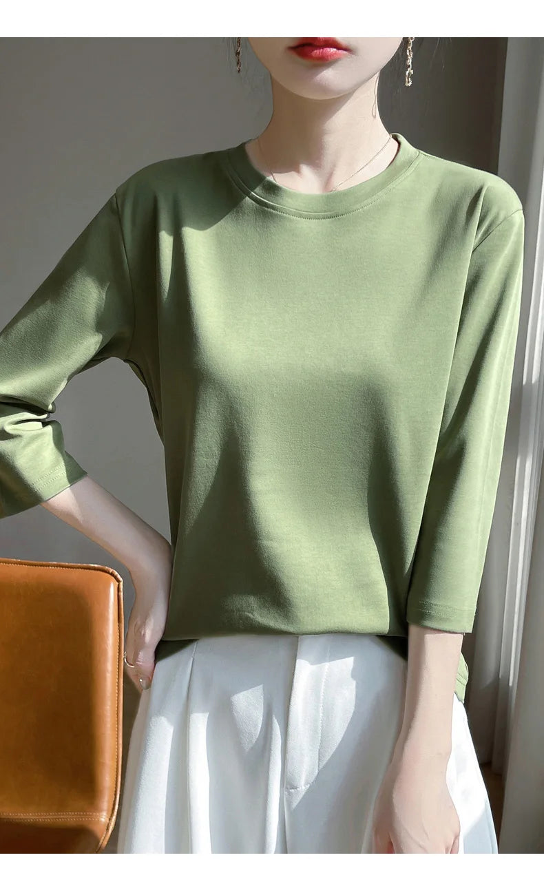 Blusa Básica em Algodão Mercerizado com Manga Cropped  "Primavera de Seul"