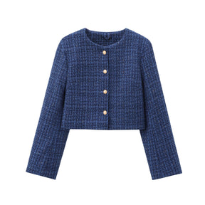 TRAF Women Fashion Autumn New Casual Jacket Round Neck Long Sleeved Single-breasted Pocket Short Coats Chic Ladies Tops Mujer