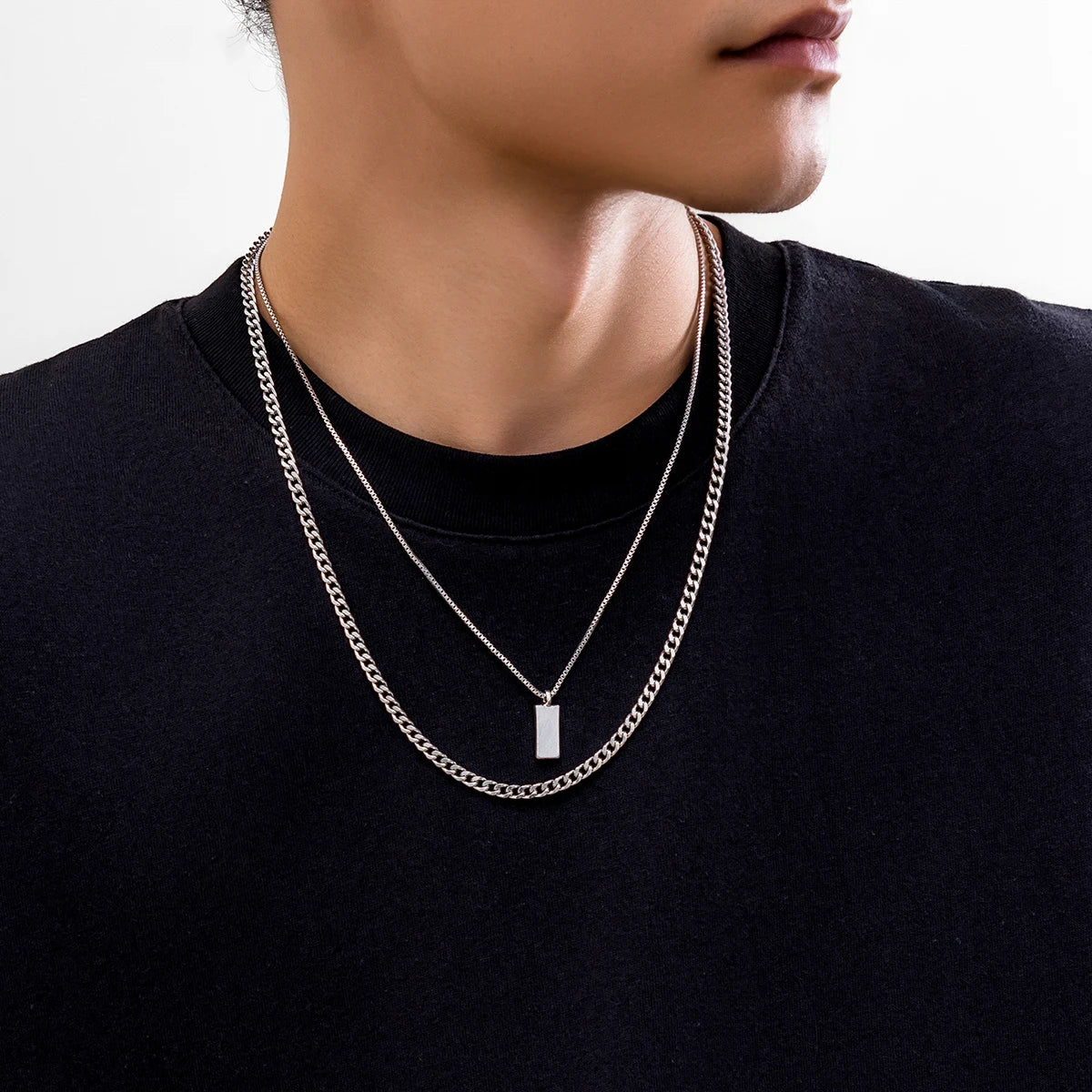 Conjunto de pingente retangular caixa corrente colar para homens