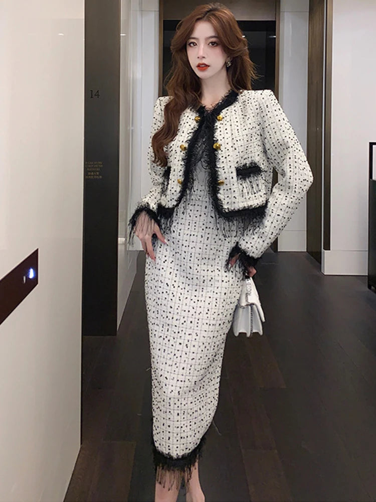Conjunto com Casaco Saia alta Longa Conjunto