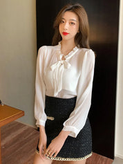 Terno feminino de tweed, conjuntos de 2 peças, casaco preto de abotoamento único + saia curta em linha