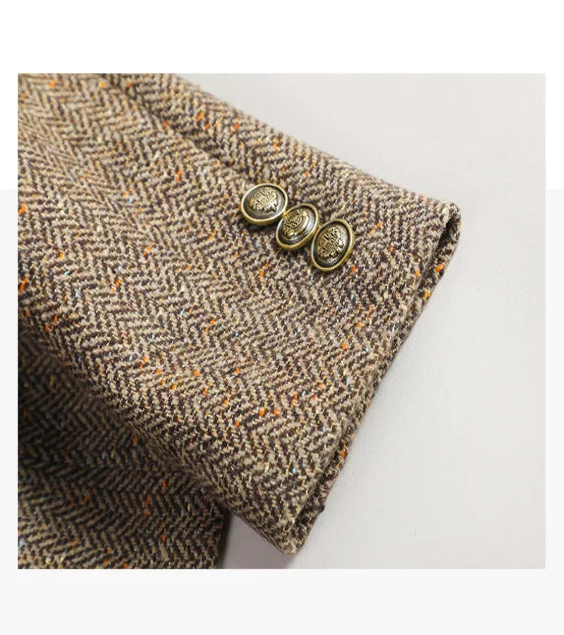 Terno de Lã Feminino Xadrez Tweed – Estilo Casual Coreano