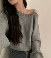Blusa Suéter Estilo Coreano Chique com Ombros de Fora