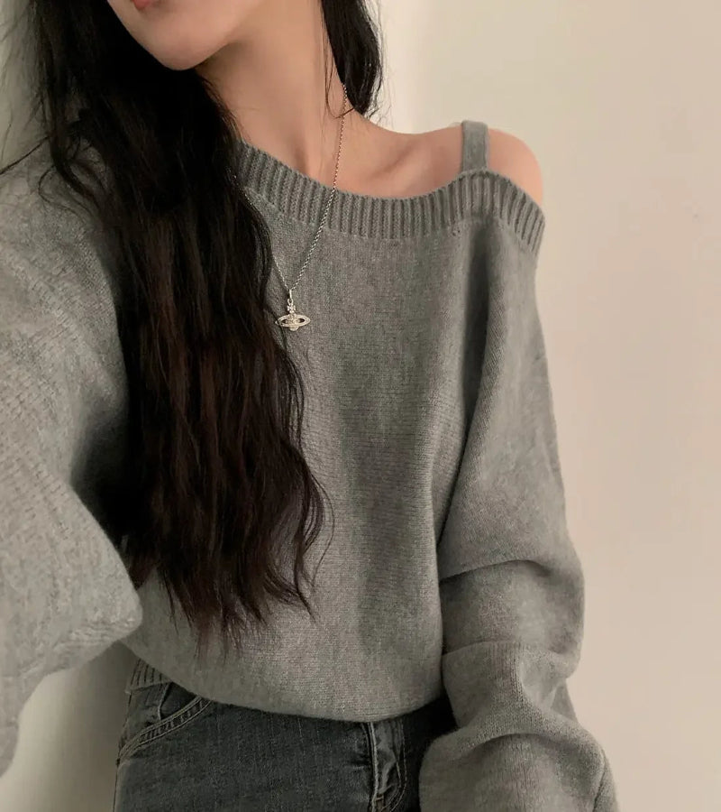Blusa Suéter Estilo Coreano Chique com Ombros de Fora
