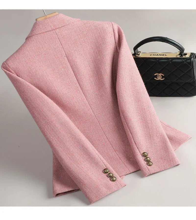 Terno de Lã Feminino Xadrez Tweed – Estilo Casual Coreano