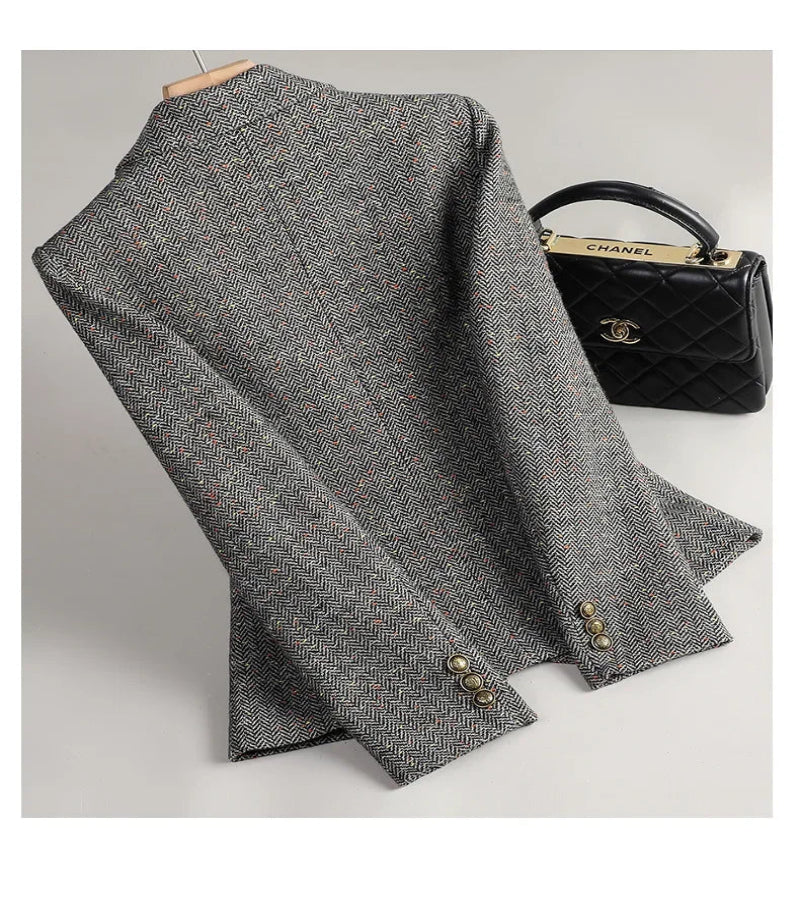 Terno de Lã Feminino Xadrez Tweed – Estilo Casual Coreano