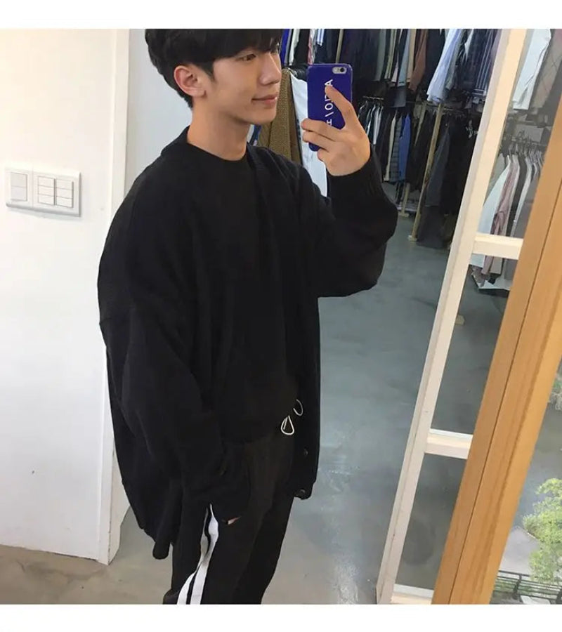 Suéter de Malha Solto com Abotoamento Simples - Estilo Coreano