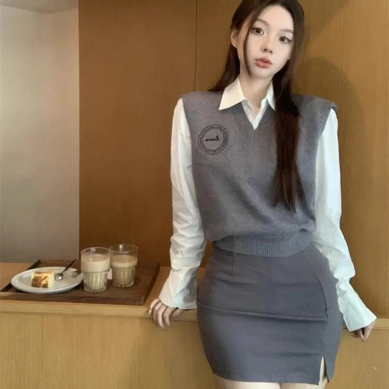Conjunto de duas peças de suéter e colete de malha feminino estilo preppy