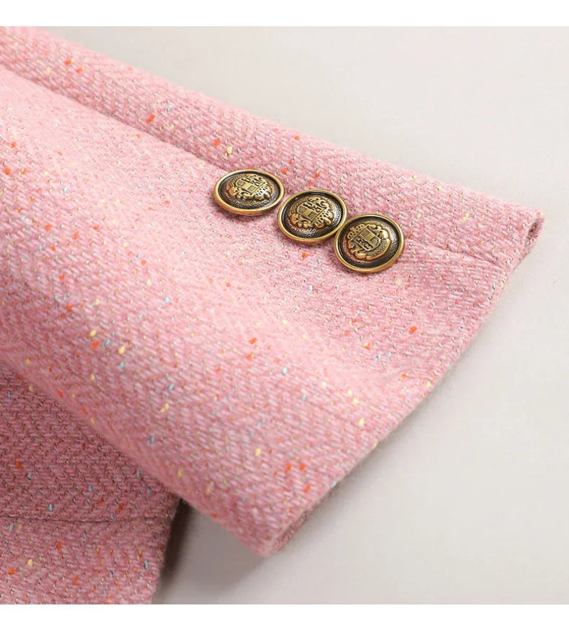 Terno de Lã Feminino Xadrez Tweed – Estilo Casual Coreano