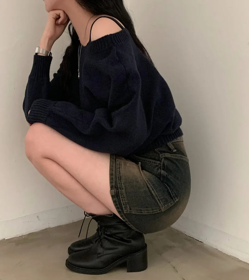 Blusa Suéter Estilo Coreano Chique com Ombros de Fora