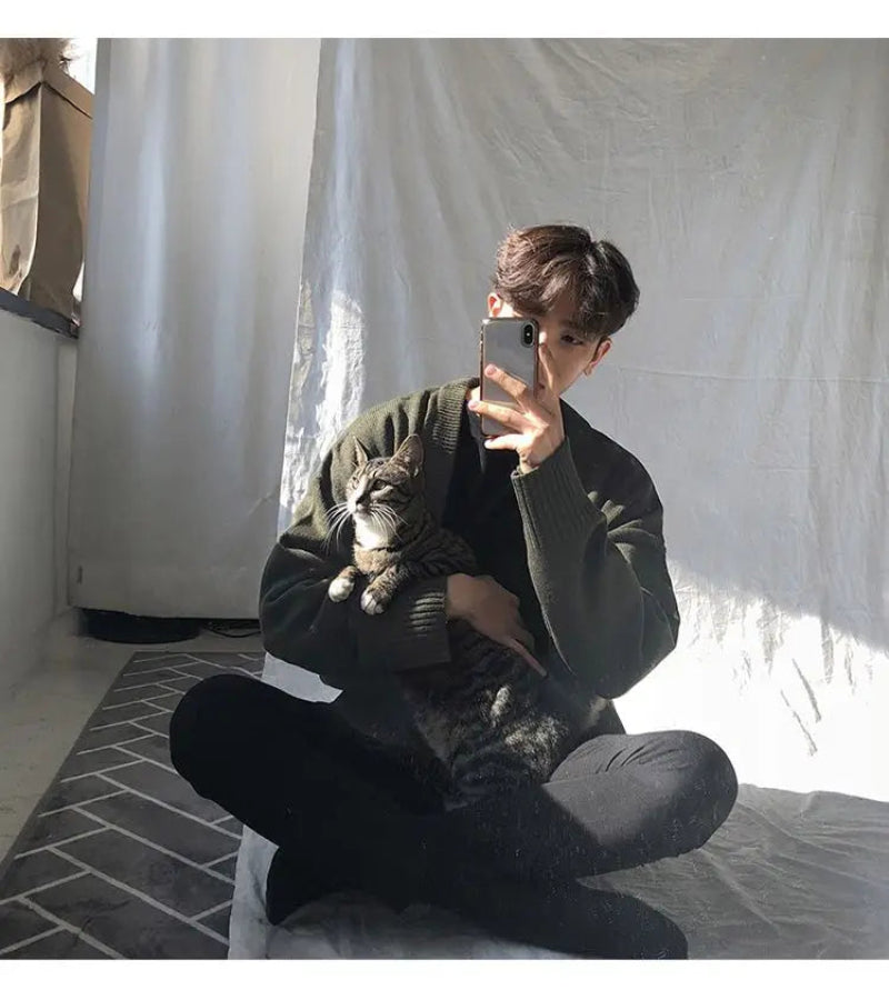 Suéter de Malha Solto com Abotoamento Simples - Estilo Coreano