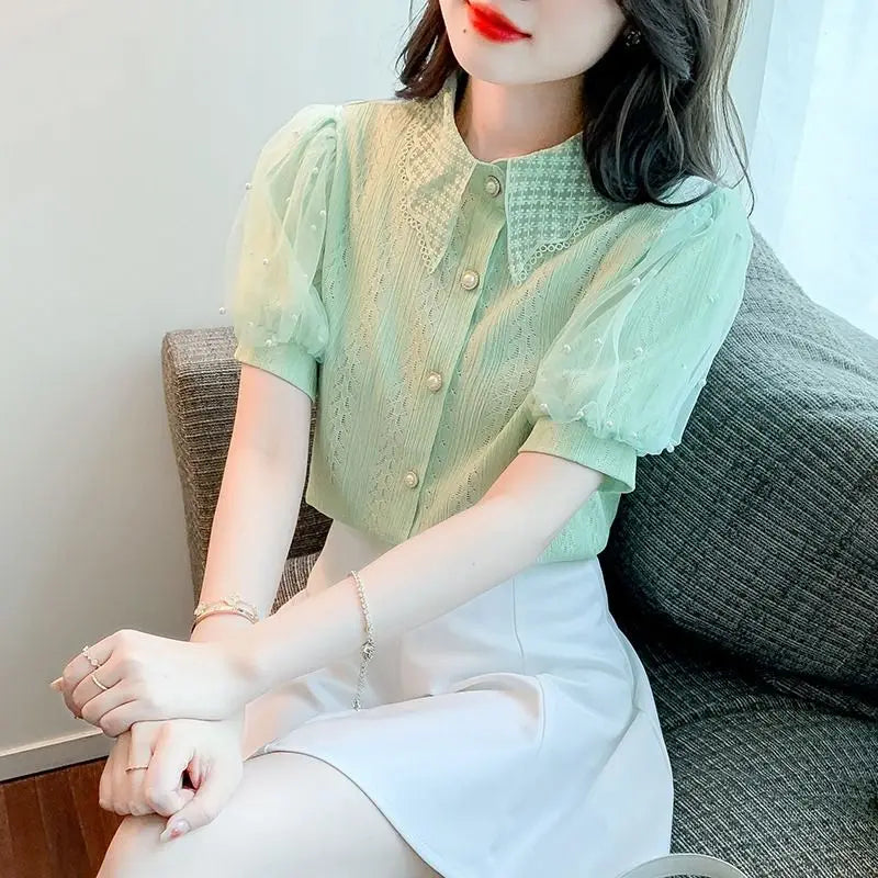 Camisa Feminina de Renda Manga Curta  - Serenité