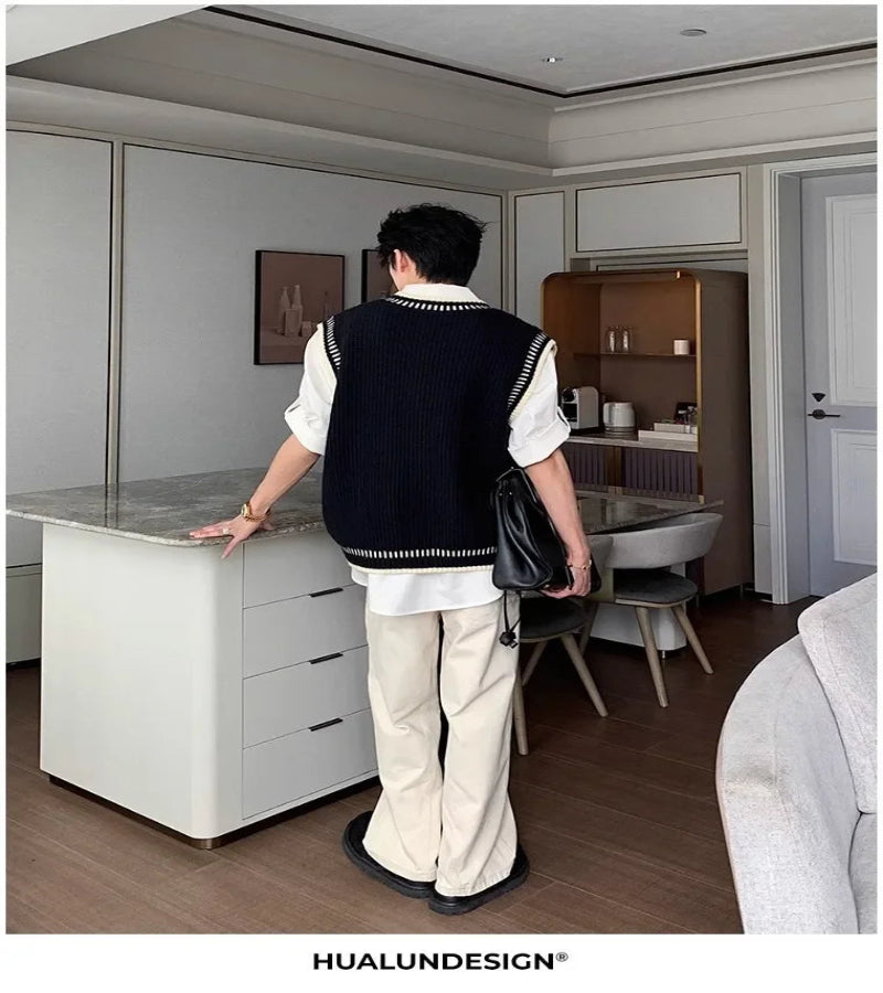 Colete Suéter Masculino Casual Decote em V – Estilo Coreano Clássico