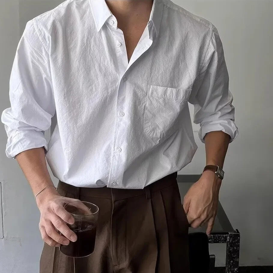 Camisa Masculina Coreana de Manga Longa com Pregas - Look Seoul Chic
