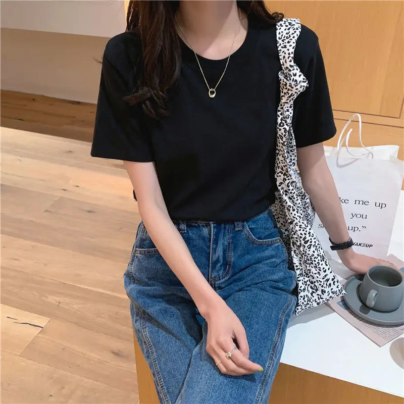 Camiseta feminina de manga curta de algodão, gola redonda