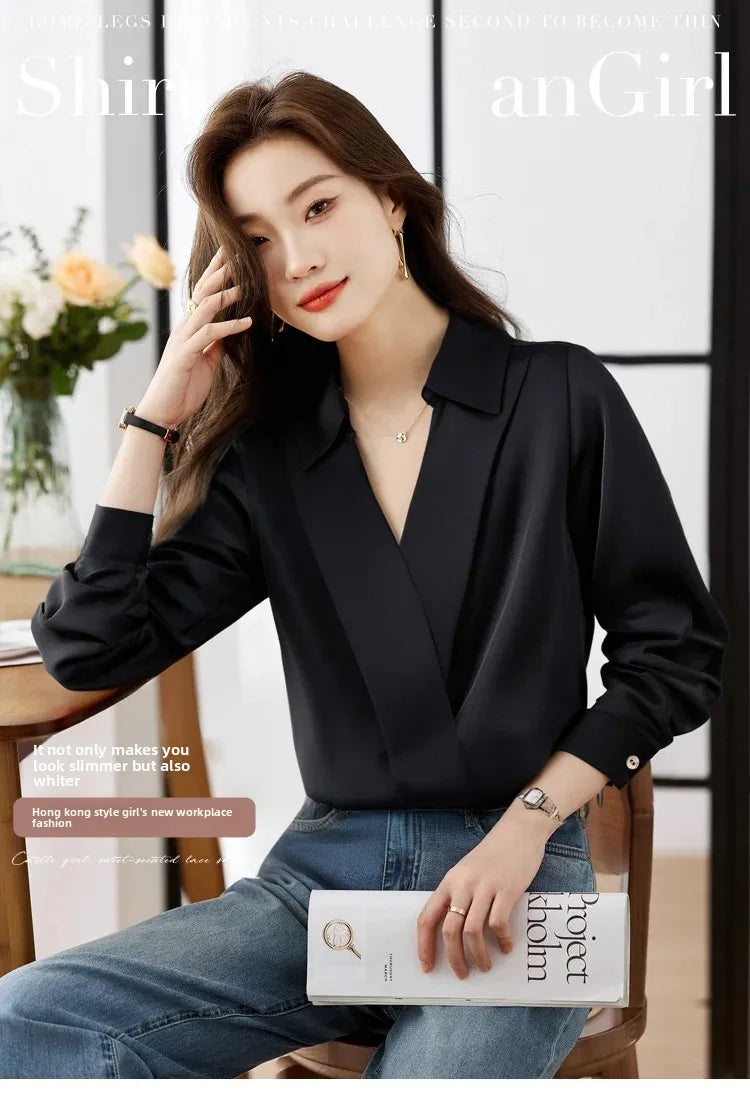 Camisa feminina versátil de cetim de seda, cor pura, top de chiffon aberto