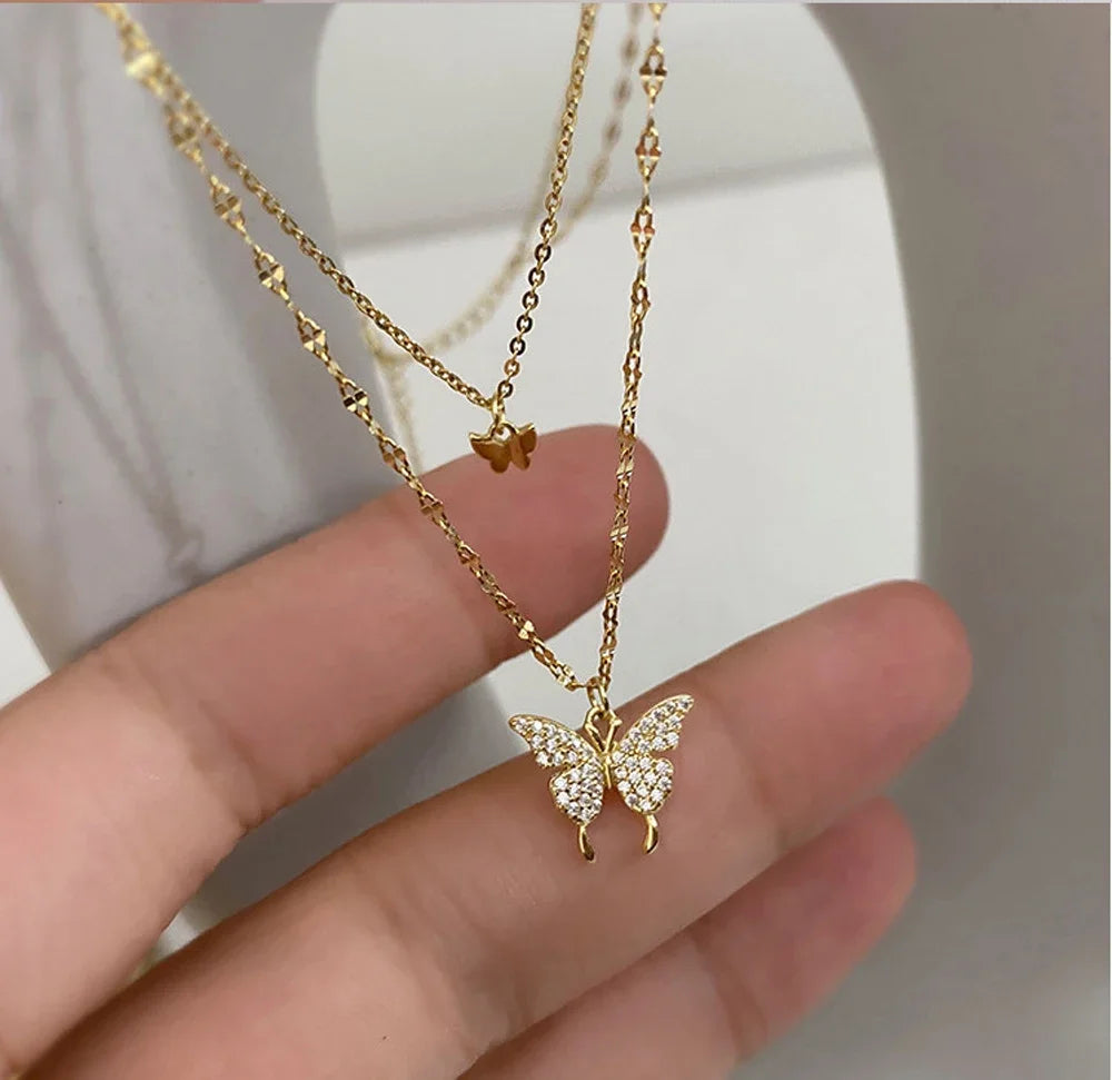 Colar com pingente de estrela e lua, dupla camada delicado