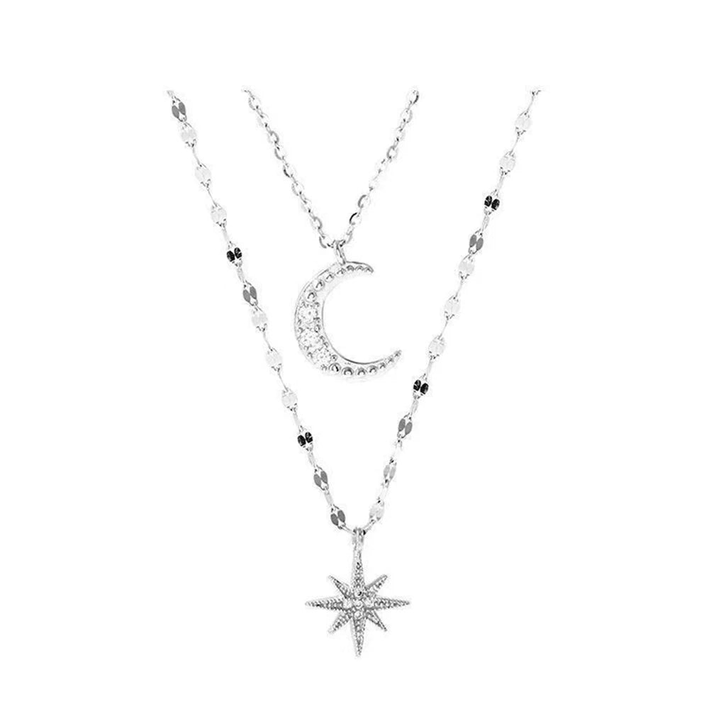 Colar Feminino Dupla Camada com Pingente de Estrela e Lua – Delicadeza e Brilho em Cada Detalhe