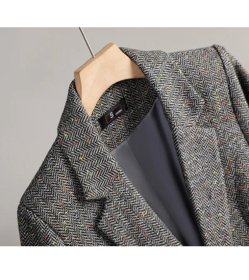 Terno de Lã Feminino Xadrez Tweed – Estilo Casual Coreano