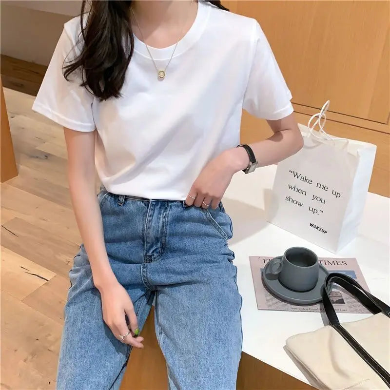 Camiseta feminina de manga curta de algodão, gola redonda